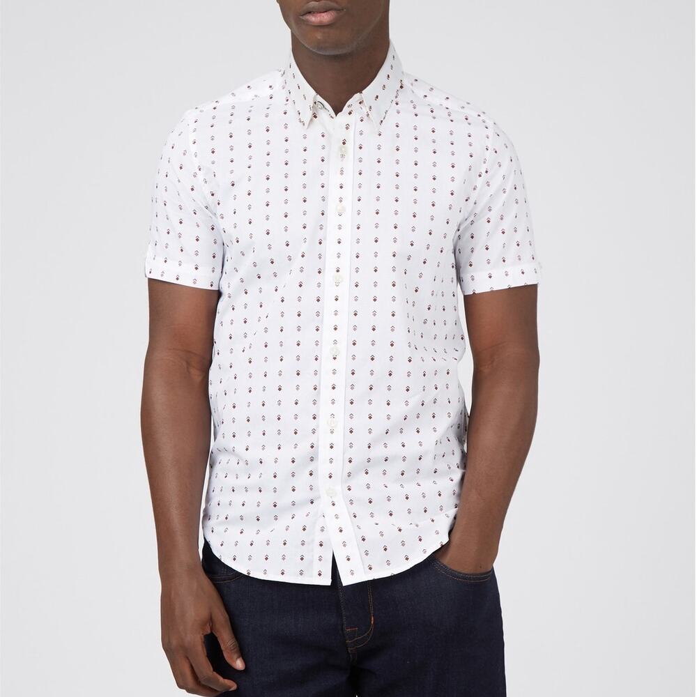 Ben Sherman Shirt Mens Small NWT Short Sleeve Button Geometric White Mod Classic